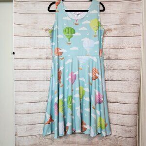 Cowcow Plus Size Dress 3X Hot Air Balloon Print Short Sleeve Green Teal Midi